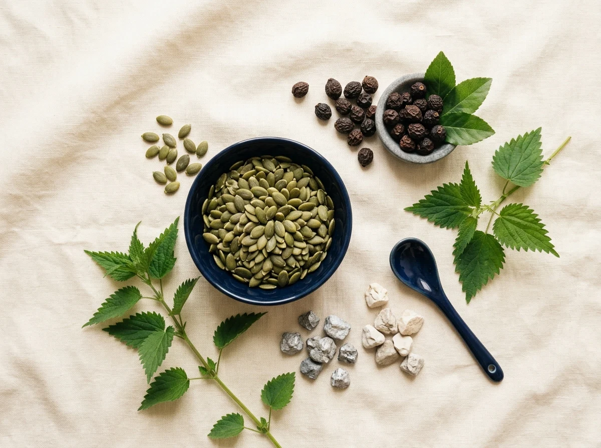 Natural supplement ingredients: pumpkin seeds, saw palmetto berries, zinc and magnesium minerals, green leaves on cream surface