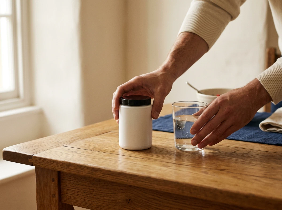 Man's hands placing Alpha Drive supplement jar next to a glass of water at breakfast - men's daily wellness routine